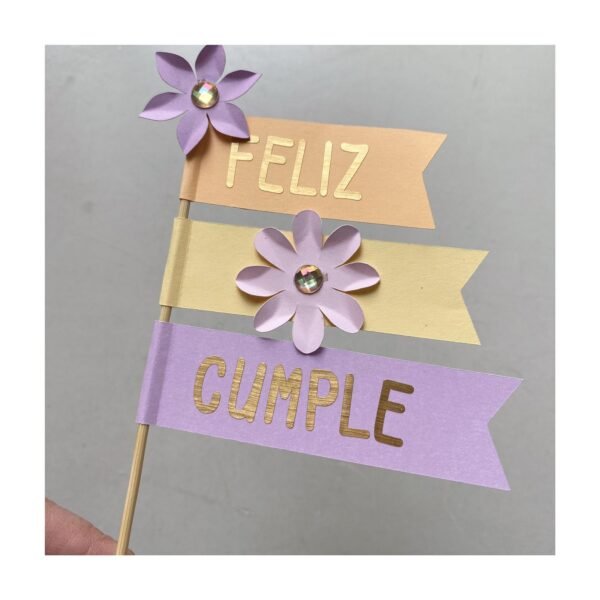 Toper “Banderitas Feliz Cumple Floreada” x unidad - Imagen 3