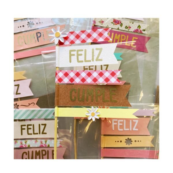 Toper “Banderitas Feliz Cumple Floreada” x unidad - Imagen 2