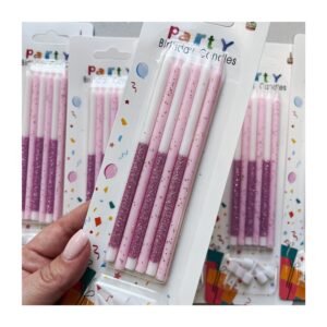 Pack Blister vela “Blanco con gibre y brillos Rosa” x6 unidades