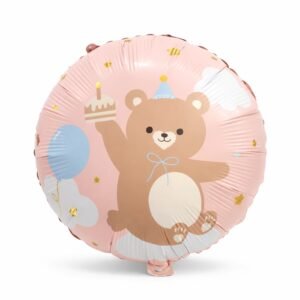 Globo Redondo “Osito con Pastel fondo Rosa” x unidad