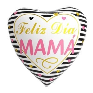 Globo Corazón “Feliz Día Mamá rayas negro/blanco” x unidad