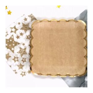 Pack Plato Kraft Cuadrado "Onda Dorada" x8 unidades